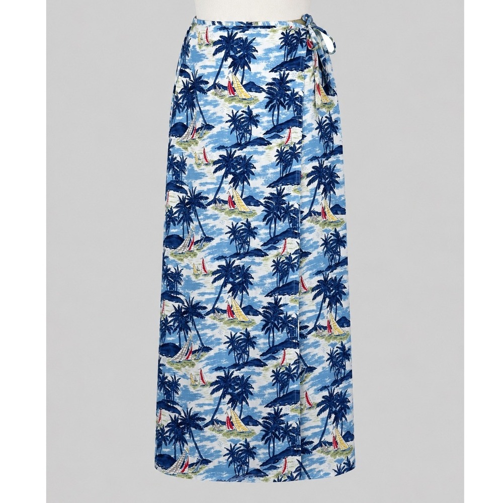 Vintage Liz Claiborne Lizwear Petite Blue Tropical Sailboat Wrap Maxi Skirt 4P